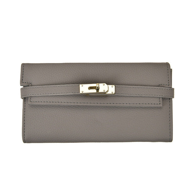 Grey Elegant Women's Turn Lock Long Wallet Black Pu Leather Clutch Purse With Card Slots & Zipper Pocket Wallets