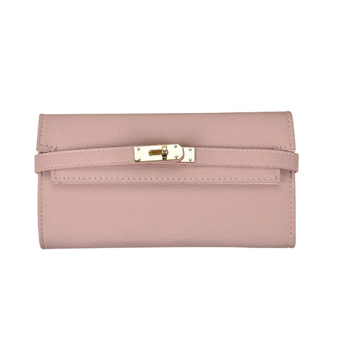 Pink Elegant Women's Turn Lock Long Wallet Black Pu Leather Clutch Purse With Card Slots & Zipper Pocket Wallets