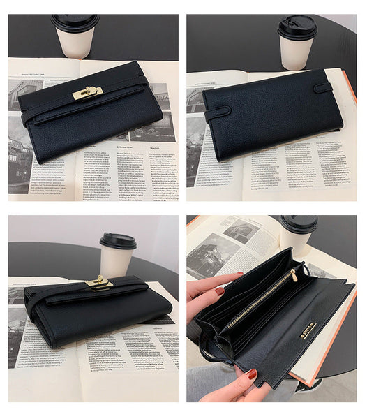 Pink Elegant Women's Turn Lock Long Wallet Black Pu Leather Clutch Purse With Card Slots & Zipper Pocket Wallets