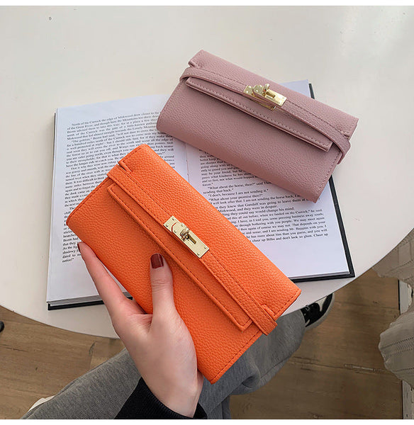 Pink Elegant Women's Turn Lock Long Wallet Black Pu Leather Clutch Purse With Card Slots & Zipper Pocket Wallets