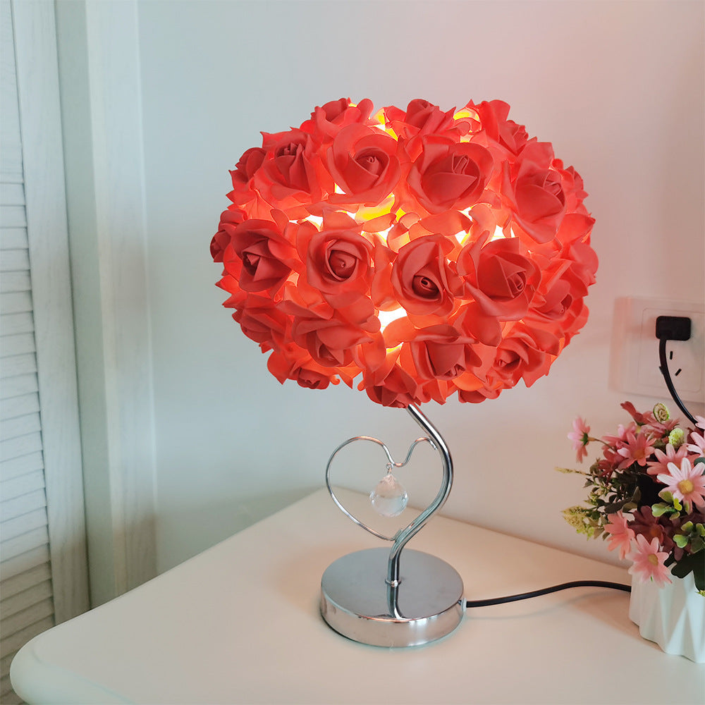 Red Roses And Silver Base Romantic Flower Table Lamp Crystal Heart Accent Bedside Night Light Lamps