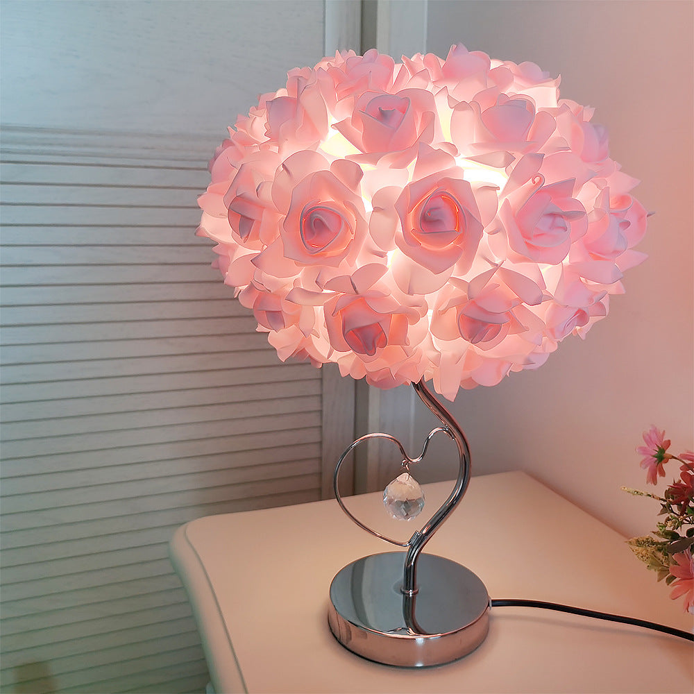 Pink Roses And Silver Base Romantic Red Flower Table Lamp Crystal Heart Accent Bedside Night Light Lamps