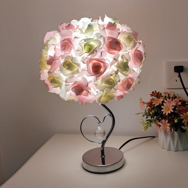 Pink Green Roses And Silver Base Romantic Red Flower Table Lamp Crystal Heart Accent Bedside Night Light Lamps