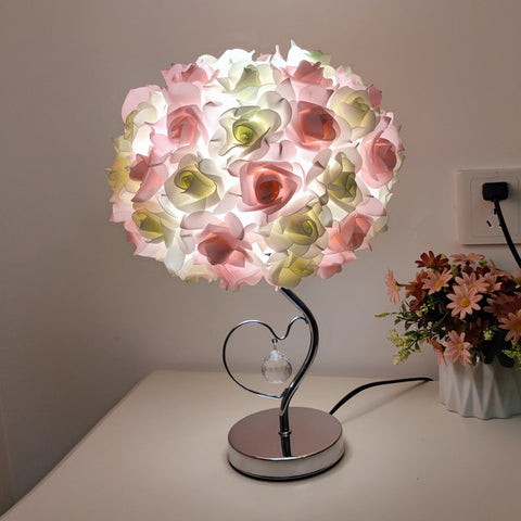 Pink Green Roses And Silver Base Romantic Red Flower Table Lamp Crystal Heart Accent Bedside Night Light Lamps