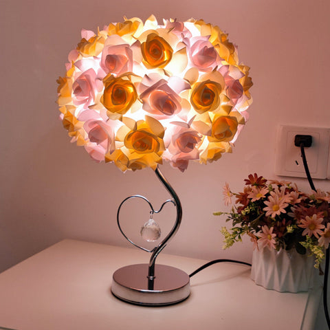 Pinkyellow Roses And Silver Base Romantic Red Flower Table Lamp Crystal Heart Accent Bedside Night Light Lamps