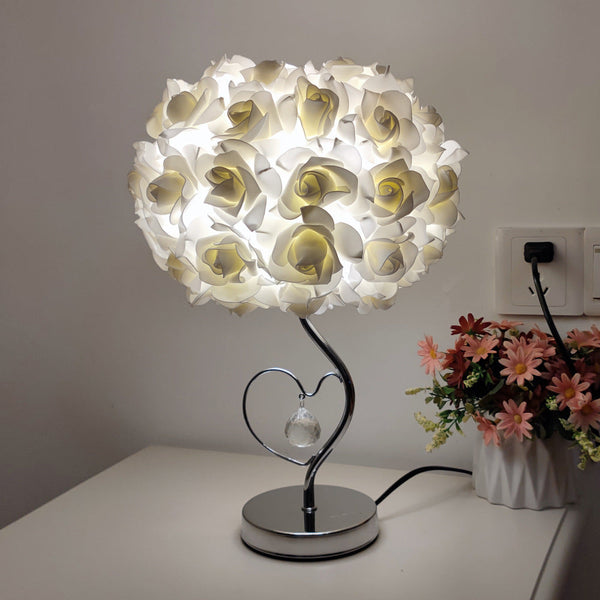 Beige Roses And Silver Base Romantic Red Flower Table Lamp Crystal Heart Accent Bedside Night Light Lamps