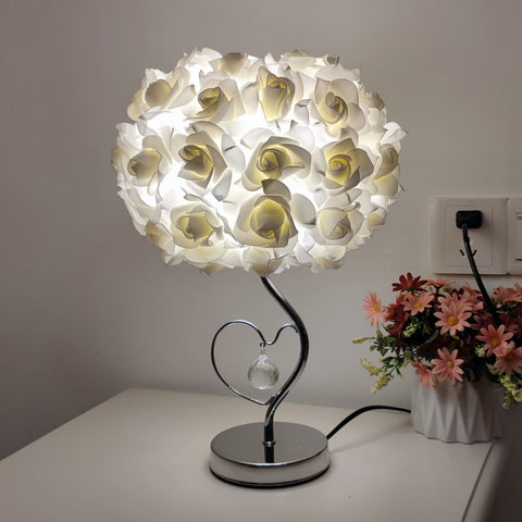 Beige Roses And Silver Base Romantic Red Flower Table Lamp Crystal Heart Accent Bedside Night Light Lamps