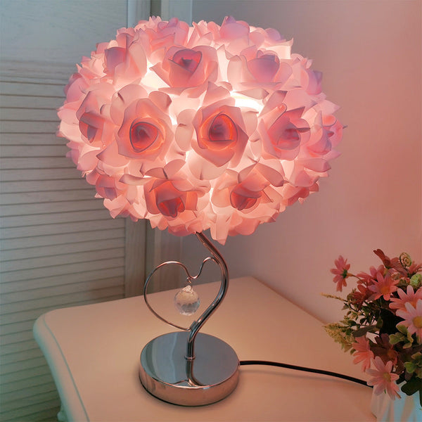 Beige Roses And Silver Base Romantic Red Flower Table Lamp Crystal Heart Accent Bedside Night Light Lamps