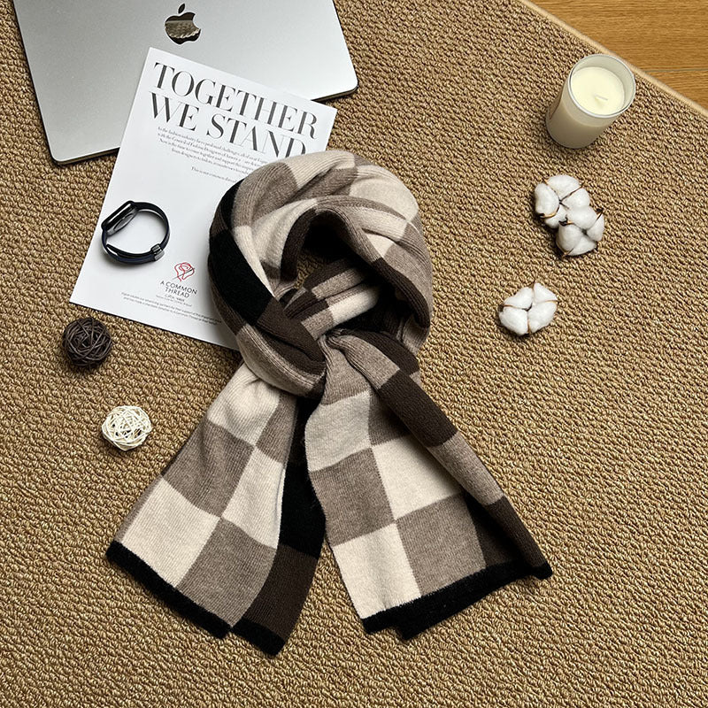 Coffee Grey And Beige Unisex Retro Checkered Knit Scarf Soft Thick Winter Shawl Wrap Scarves & Wraps