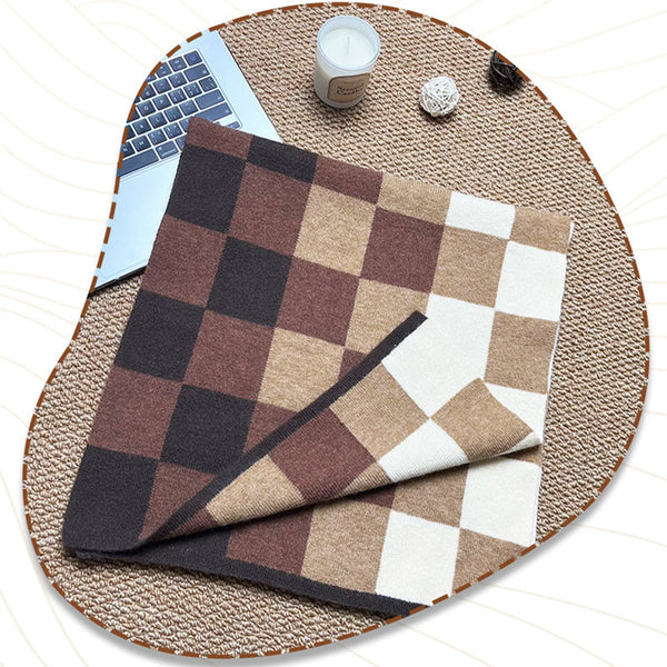 Coffee Grey And Beige Unisex Retro Checkered Knit Scarf Soft Thick Winter Shawl Wrap Scarves & Wraps