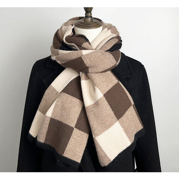 Coffee Grey And Beige Unisex Retro Checkered Knit Scarf Soft Thick Winter Shawl Wrap Scarves & Wraps