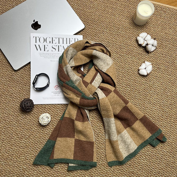 Brownkhaki And Green Unisex Retro Checkered Knit Scarf Soft Thick Winter Shawl Wrap Scarves & Wraps