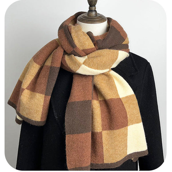 Brownkhaki And Green Unisex Retro Checkered Knit Scarf Soft Thick Winter Shawl Wrap Scarves & Wraps