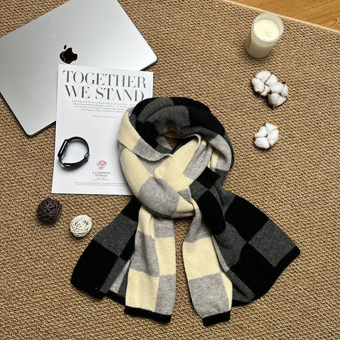 Black Grey And Beige Unisex Retro Checkered Knit Scarf Soft Thick Winter Shawl Wrap Scarves & Wraps
