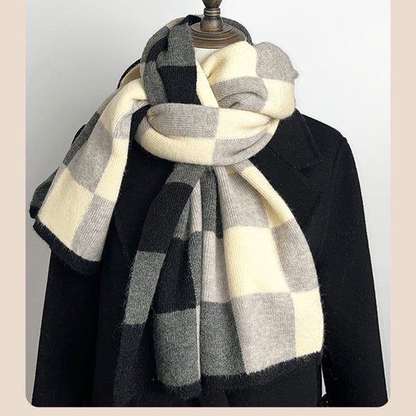 Black Grey And Beige Unisex Retro Checkered Knit Scarf Soft Thick Winter Shawl Wrap Scarves & Wraps