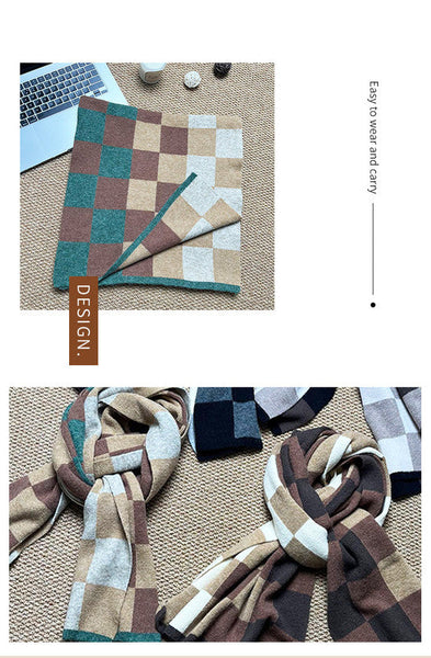 Black Grey And Beige Unisex Retro Checkered Knit Scarf Soft Thick Winter Shawl Wrap Scarves & Wraps