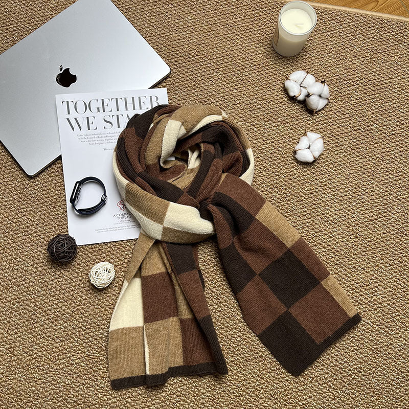 Coffee Brown And Beige Unisex Retro Checkered Knit Scarf Soft Thick Winter Shawl Wrap Scarves & Wraps