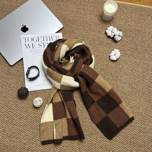 Coffee Brown And Beige Unisex Retro Checkered Knit Scarf Soft Thick Winter Shawl Wrap Scarves & Wraps
