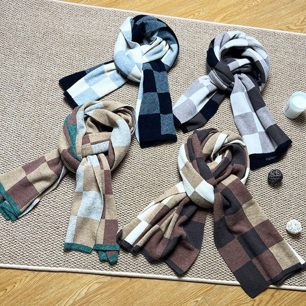 Coffee Brown And Beige Unisex Retro Checkered Knit Scarf Soft Thick Winter Shawl Wrap Scarves & Wraps