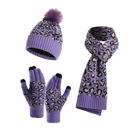 Purple Women's 3 Piece Winter Knit Set Leopard Print Plush Lined Beanie Hat Scarf & Touchscreen Gloves Scarves & Wraps