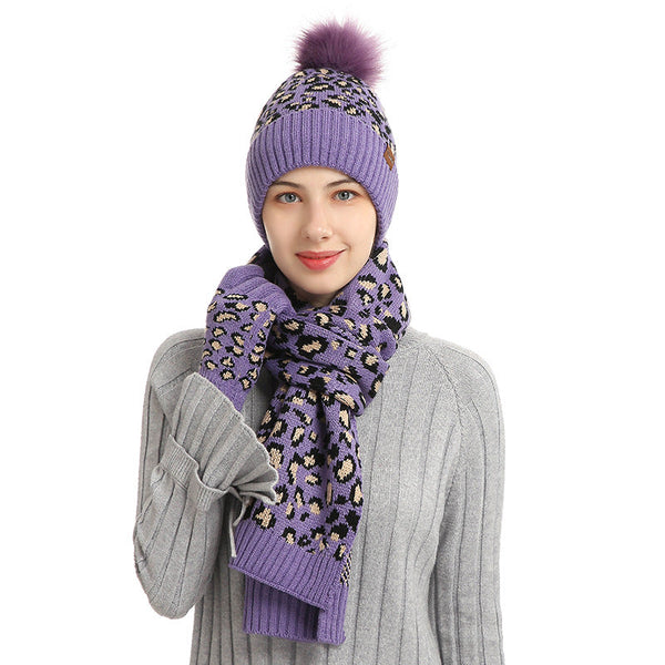 Purple Women's 3 Piece Winter Knit Set Leopard Print Plush Lined Beanie Hat Scarf & Touchscreen Gloves Scarves & Wraps