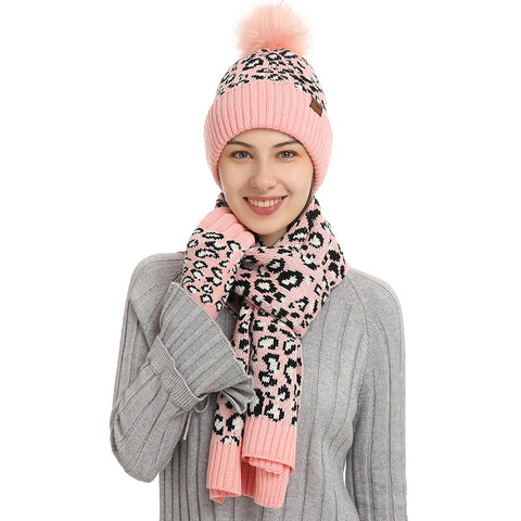 Pink Women's 3 Piece Winter Knit Set Leopard Print Plush Lined Beanie Hat Scarf & Gloves Scarves & Wraps
