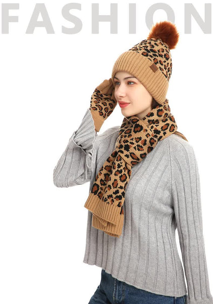 Pink Women's 3 Piece Winter Knit Set Leopard Print Plush Lined Beanie Hat Scarf & Gloves Scarves & Wraps
