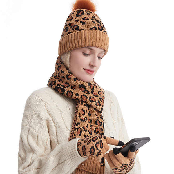Pink Women's 3 Piece Winter Knit Set Leopard Print Plush Lined Beanie Hat Scarf & Gloves Scarves & Wraps