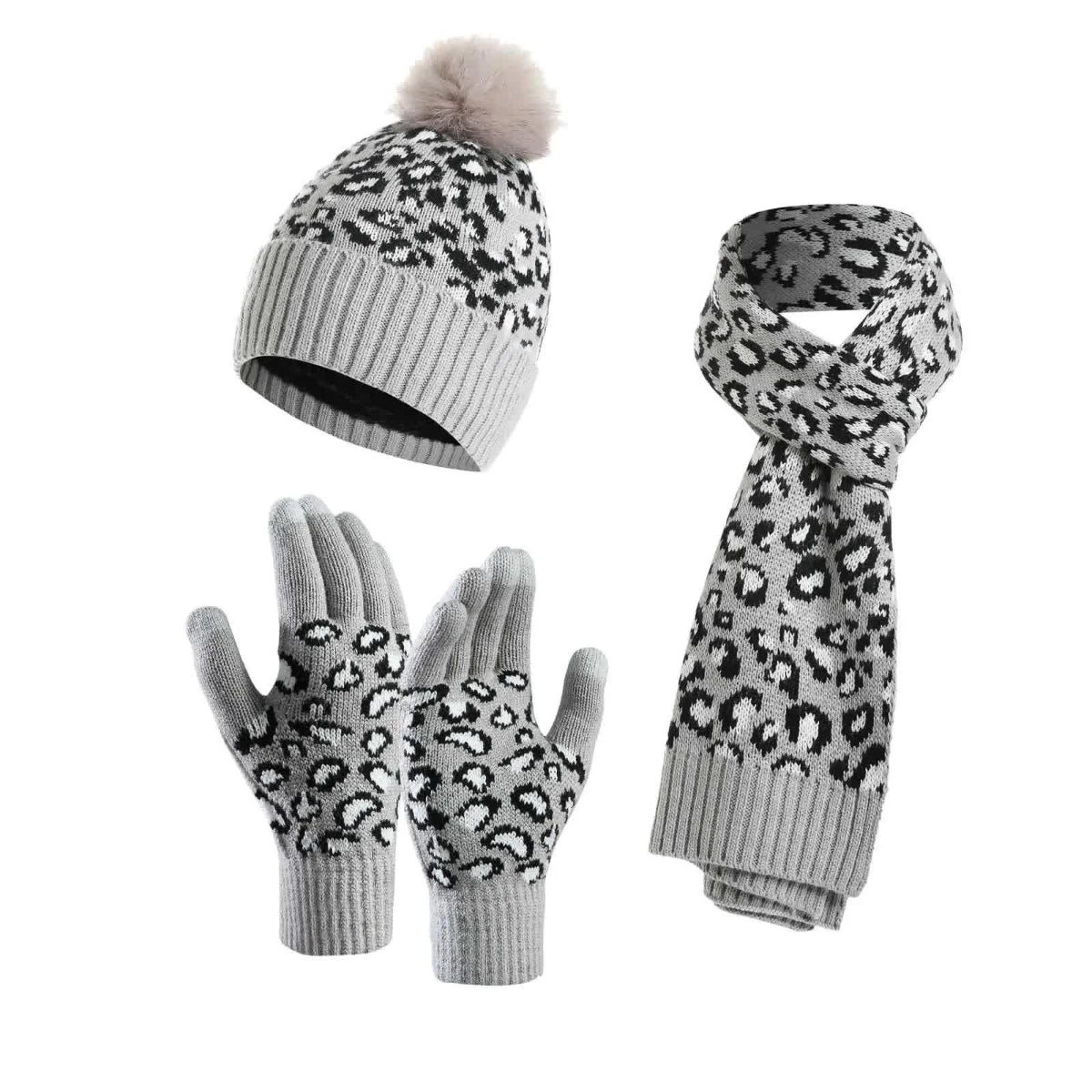 Light Grey Women's 3 Piece Winter Knit Set Leopard Print Plush Lined Beanie Hat Scarf & Touchscreen Gloves Hats