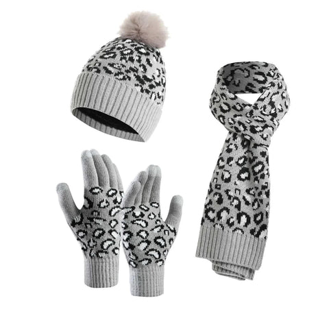 Light Grey Women's 3 Piece Winter Knit Set Leopard Print Plush Lined Beanie Hat Scarf & Touchscreen Gloves Hats