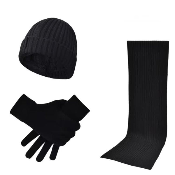 Black Mens 3 Piece Winter Warm Ribbed Knit Beanie Hat Scarf And Gloves Set Scarves
