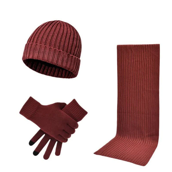 Wine Red Men's 3 Piece Winter Warm Ribbed Knit Beanie Hat Scarf And Gloves Set Scarves & Wraps