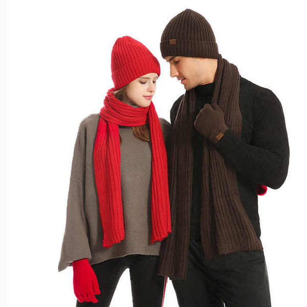 Wine Red Men's 3 Piece Winter Warm Ribbed Knit Beanie Hat Scarf And Gloves Set Scarves & Wraps