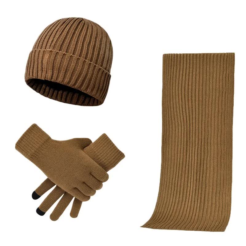Khaki Mens 3 Piece Winter Warm Ribbed Knit Beanie Hat Scarf And Gloves Set Scarves