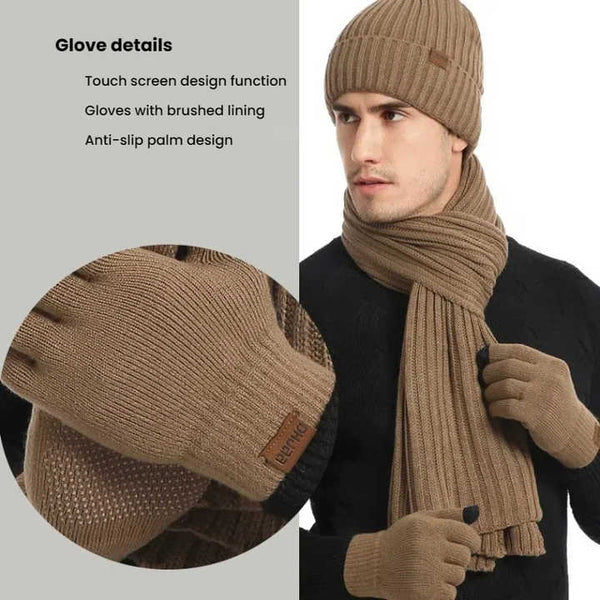 Khaki Mens 3 Piece Winter Warm Ribbed Knit Beanie Hat Scarf And Gloves Set Scarves