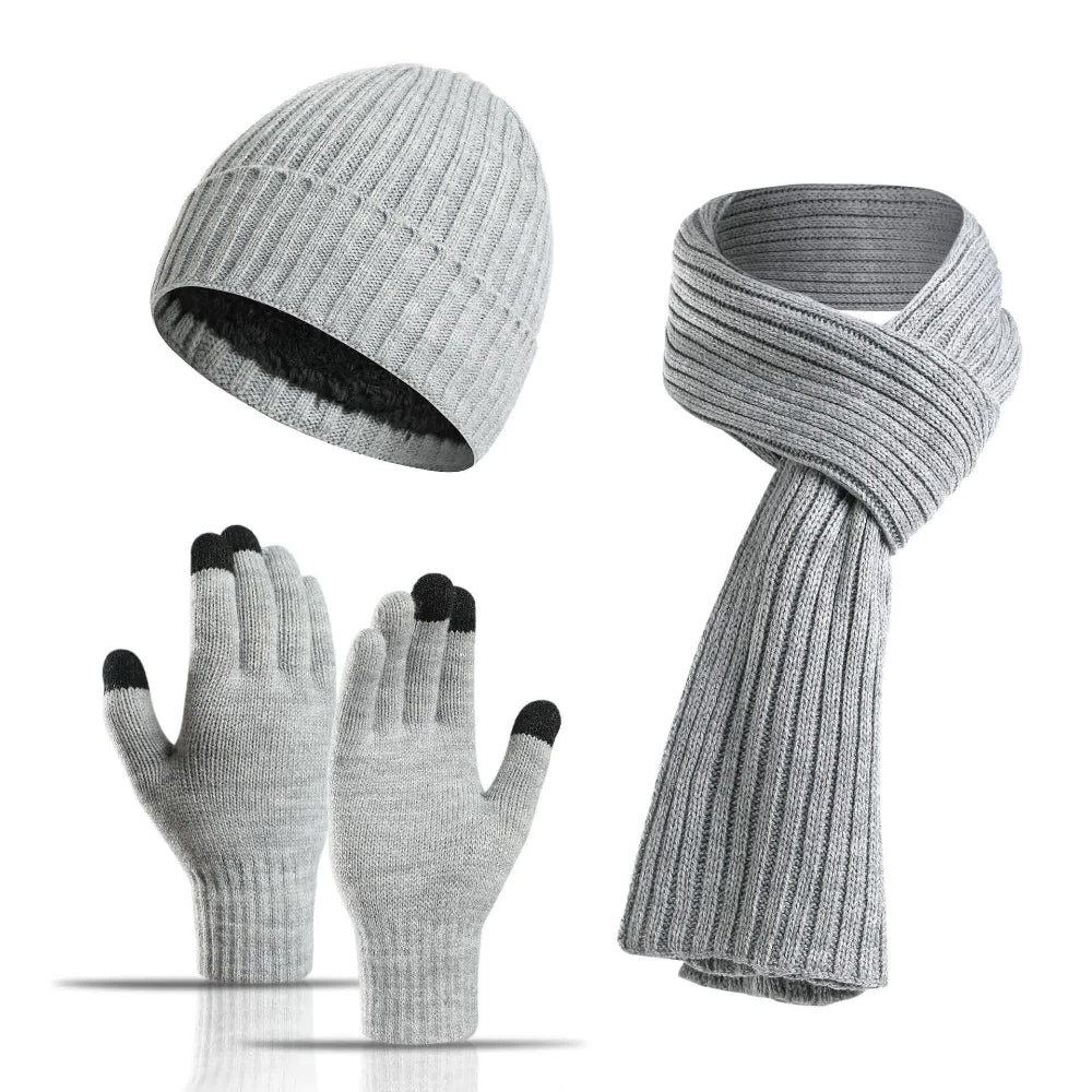 Light Grey Men's 3 Piece Winter Warm Ribbed Knit Beanie Hat Scarf And Gloves Set Hats