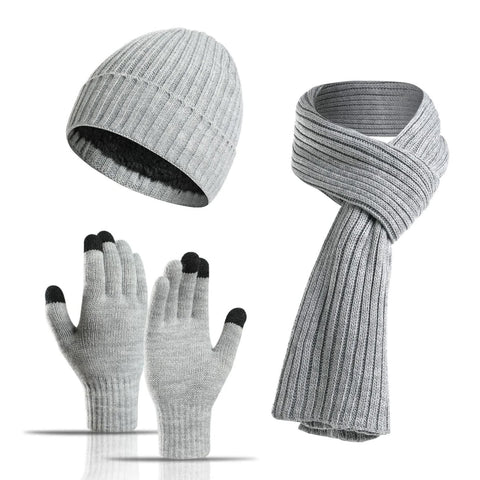 Light Grey Men's 3 Piece Winter Warm Ribbed Knit Beanie Hat Scarf And Gloves Set Hats