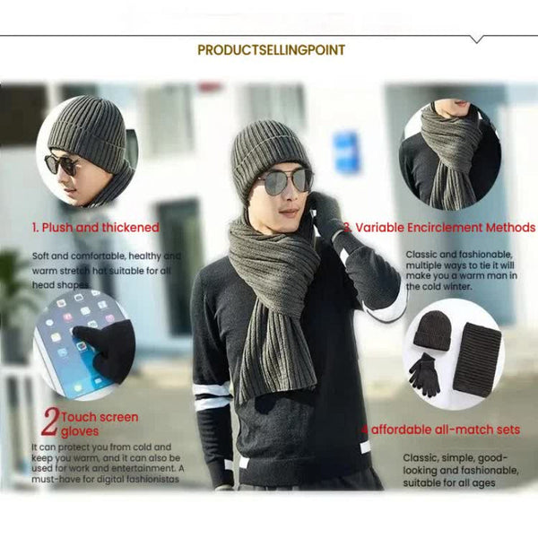 Light Grey Men's 3 Piece Winter Warm Ribbed Knit Beanie Hat Scarf And Gloves Set Hats