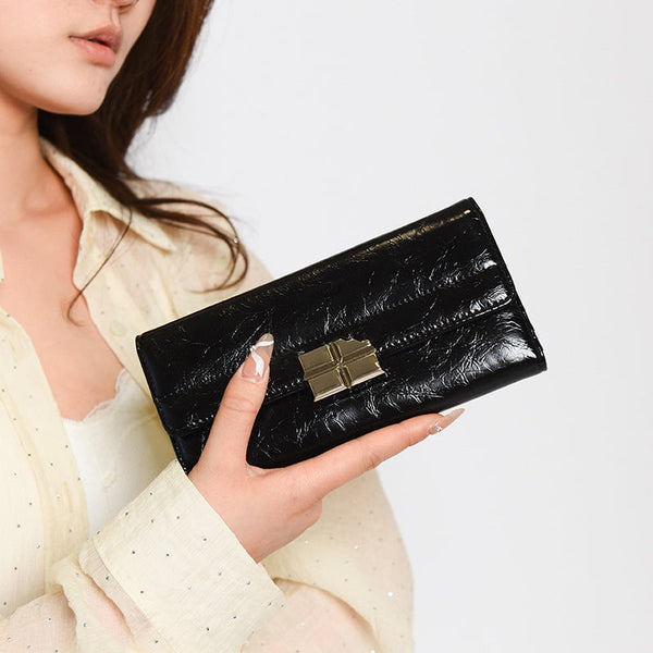 Black Elegant Women's Rfid Blocking Long Wallet Pu Leather Clutch Purse With Clasp Wallets