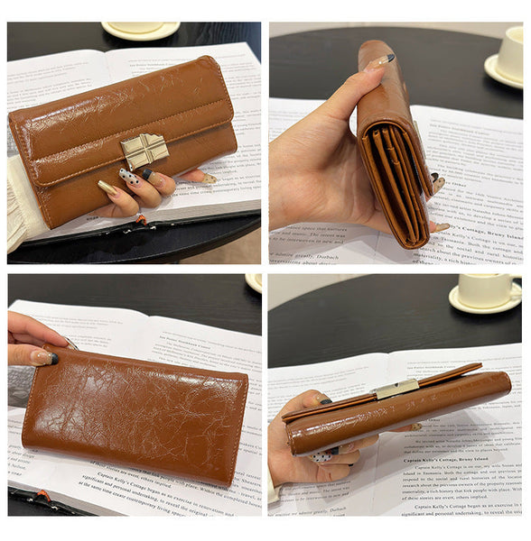Brown Elegant Women's Rfid Blocking Long Wallet Pu Leather Clutch Purse With Clasp Wallets