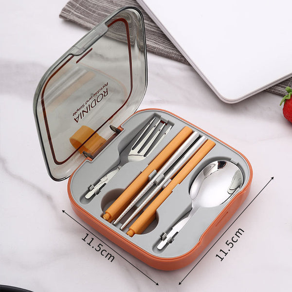 2 Sets Orange And Grey Portable Stainless Steel Cutlery Reusable Utensils (2 Fork Spoon Pairs Of Chopsticks) With Compact Travel Case Cutlery Sets
