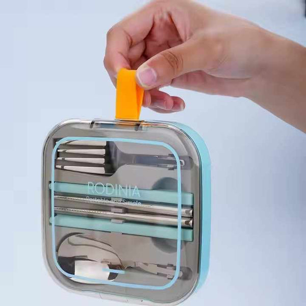 2 Sets Orange And Grey Portable Stainless Steel Cutlery Reusable Utensils (2 Fork Spoon Pairs Of Chopsticks) With Compact Travel Case Cutlery Sets
