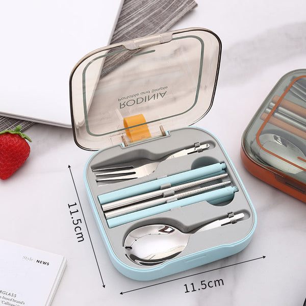 2 Sets Blue And Grey Portable Stainless Steel Cutlery Reusable Utensils (2 Fork Spoon Pairs Of Chopsticks) With Compact Travel Case Cutlery Sets