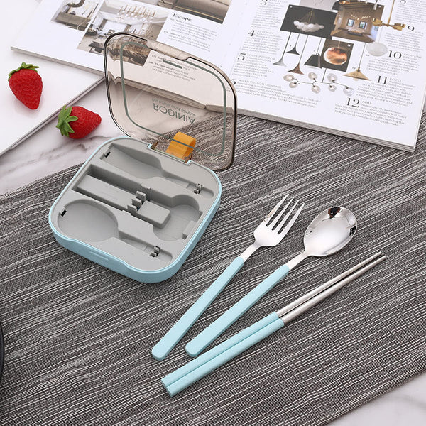 2 Sets Blue And Grey Portable Stainless Steel Cutlery Reusable Utensils (2 Fork Spoon Pairs Of Chopsticks) With Compact Travel Case Cutlery Sets