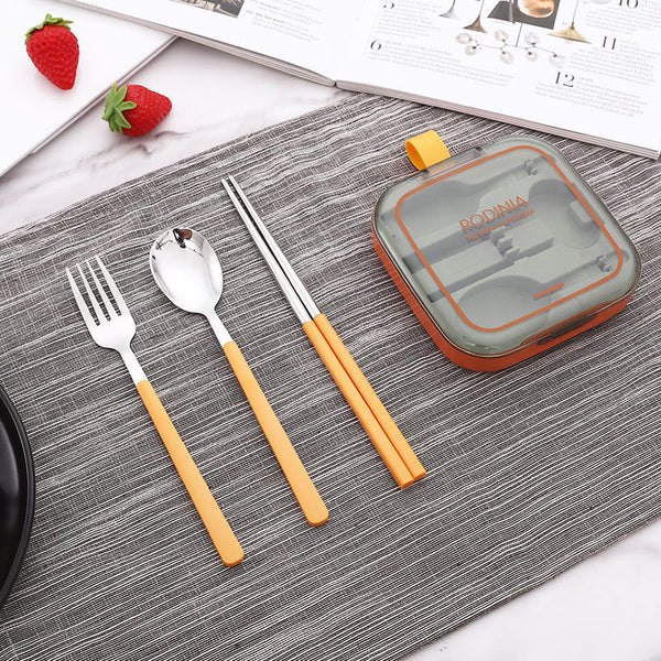 2 Sets Blue And Grey Portable Stainless Steel Cutlery Reusable Utensils (2 Fork Spoon Pairs Of Chopsticks) With Compact Travel Case Cutlery Sets
