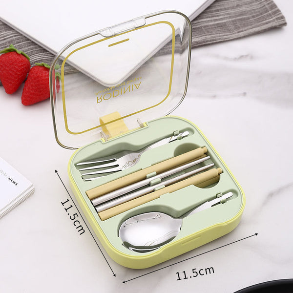 2 Sets Green Portable Stainless Steel Cutlery Reusable Utensils (2 Fork Spoon Pairs Of Chopsticks) With Compact Travel Case Cutlery Sets