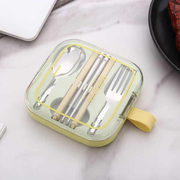 2 Sets Green Portable Stainless Steel Cutlery Reusable Utensils (2 Fork Spoon Pairs Of Chopsticks) With Compact Travel Case Cutlery Sets