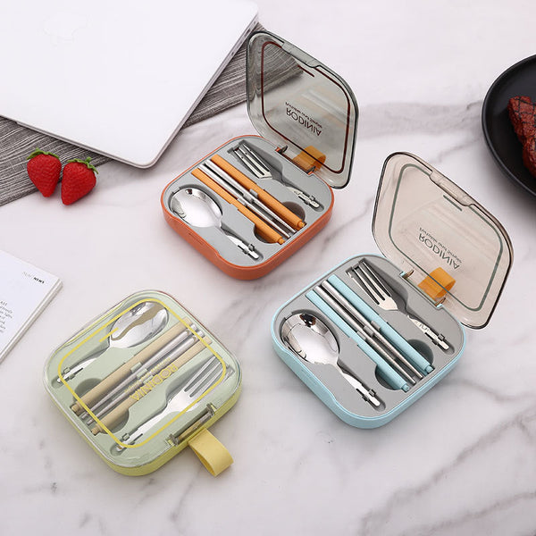2 Sets Green Portable Stainless Steel Cutlery Reusable Utensils (2 Fork Spoon Pairs Of Chopsticks) With Compact Travel Case Cutlery Sets