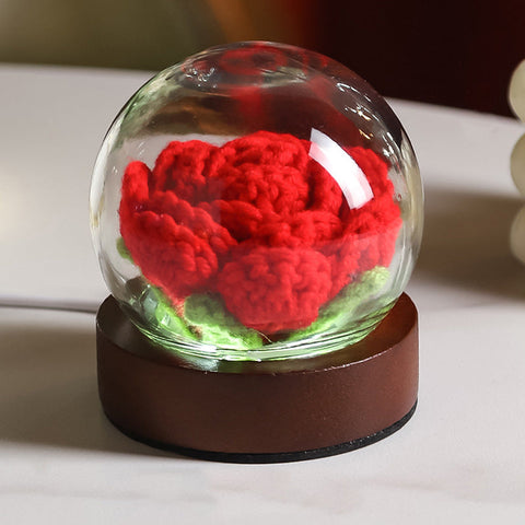 Red Rose Handcrafted Crochet Flower Led Night Light Usb Rechargeable Glass Dome Lamp With Wood Base 3 Color Modes Night Lights