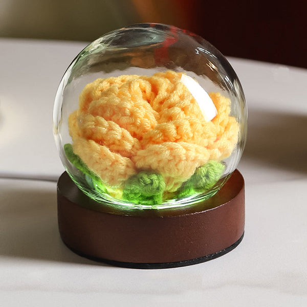 Yellow Rose Handcrafted Crochet Flower Led Night Light Usb Rechargeable Glass Dome Lamp With Wood Base 3 Color Modes Night Lights